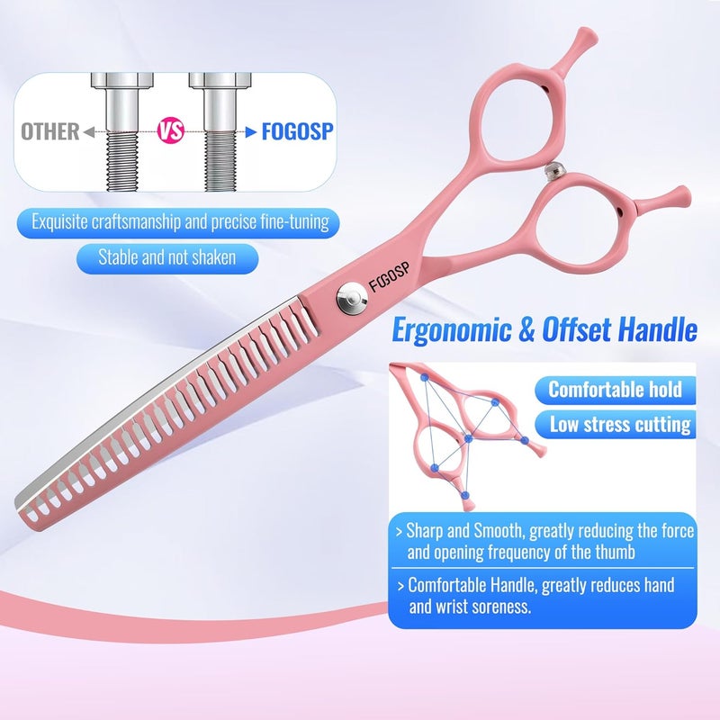 FOGOSP Curved Chunkers Dog Grooming Scissors 6.5" Macarone Series Professional Pet Grooming Shears for Small Dogs Pets Japan 440C Stainless Steel Sharp & Durable(Pink, 24Teeth Curved Thinners) - Image 5